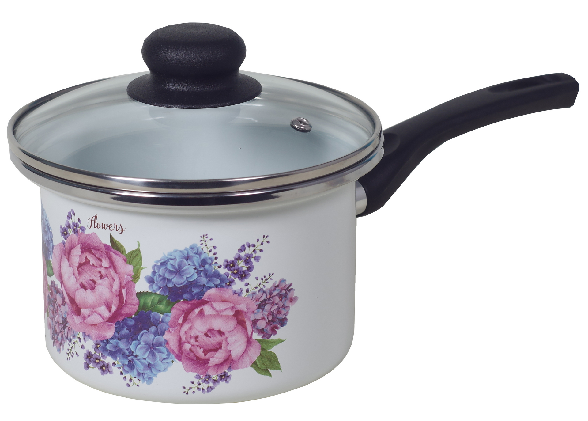 Кастрюля цилиндр. белая с деколью «Гортензия» — Завод Сантэкс