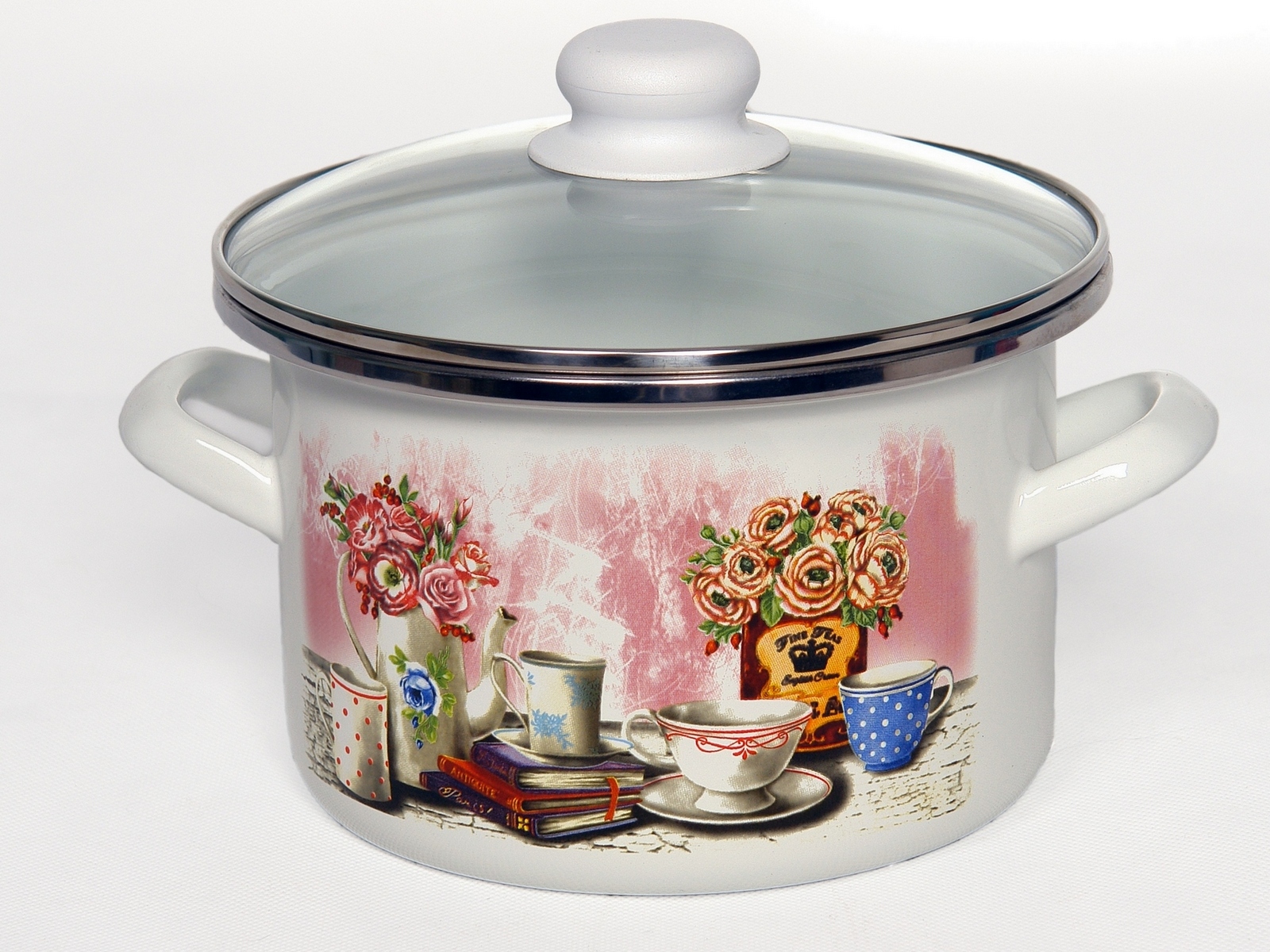 Кастрюля цилиндр. белая с деколью «Чаепитие»